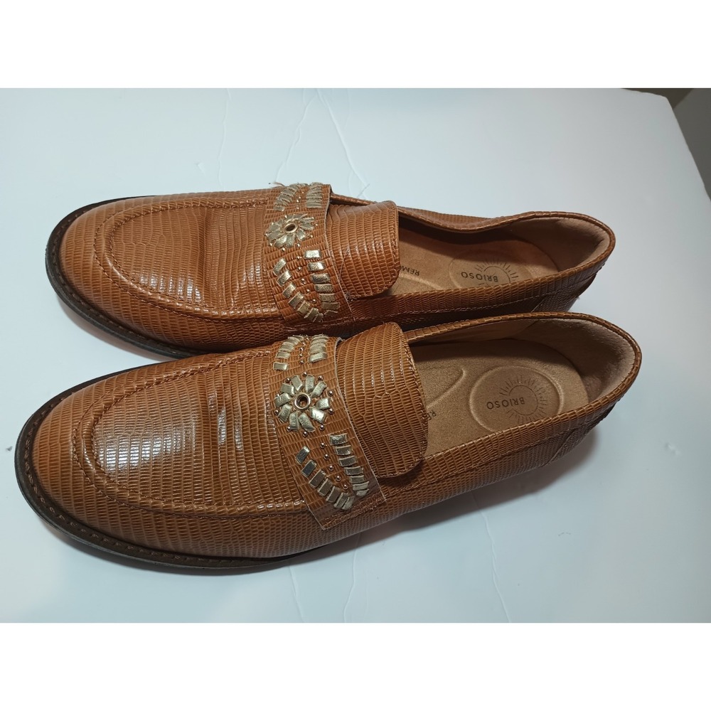 Brioso Brown Faux Lizard Loafers Women Size 10M Boho Metallic Floral Embellished